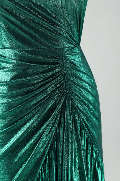 Dark Green Metallic One Shoulder Ruffled Asymmetrical Cocktail Dress