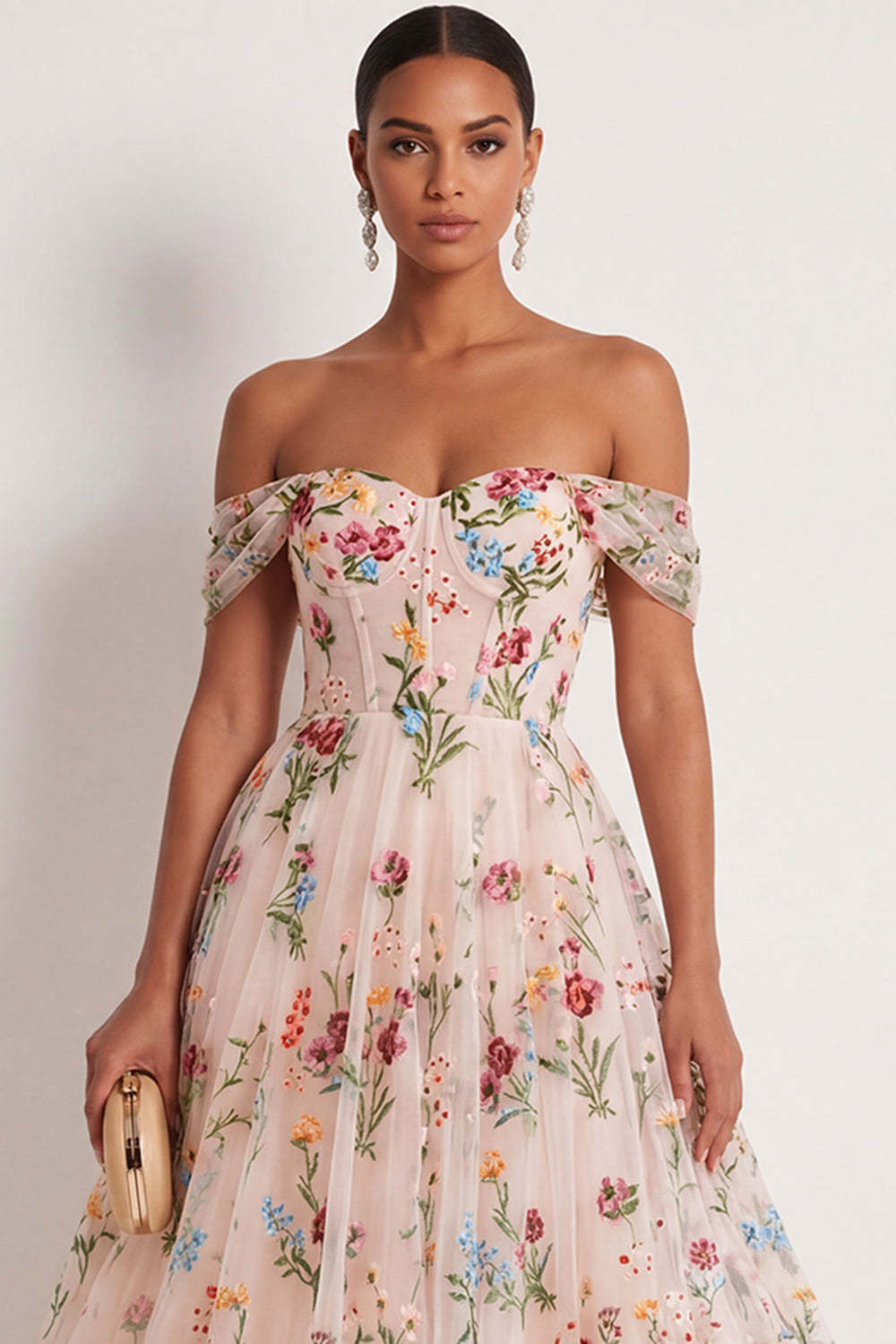 Black Floral A Line Embroidered Off the Shoulder Long Formal Dress