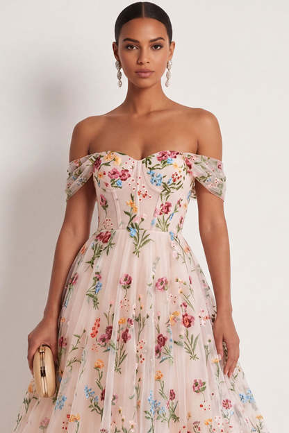 Black Floral A Line Embroidered Off the Shoulder Long Formal Dress
