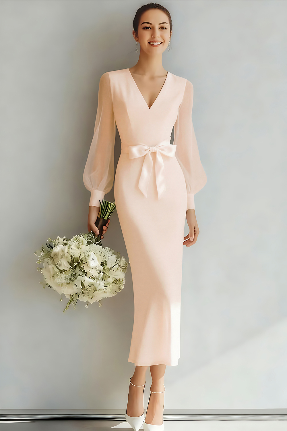 White V-Neck Sheath Long Sleeves Wedding Dress with Bow