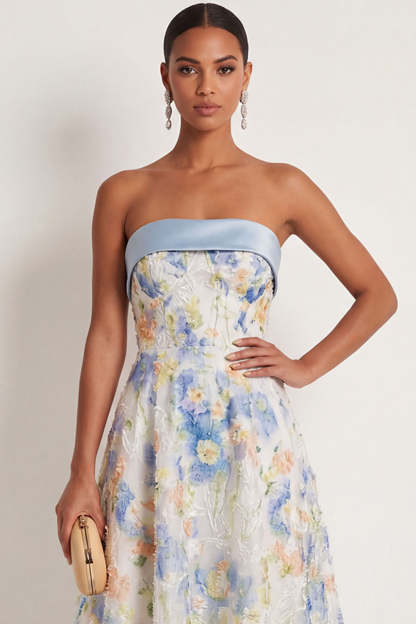 Light Blue A Line Floral Appliqued Off the Shoulder Long Wedding Guest Dress