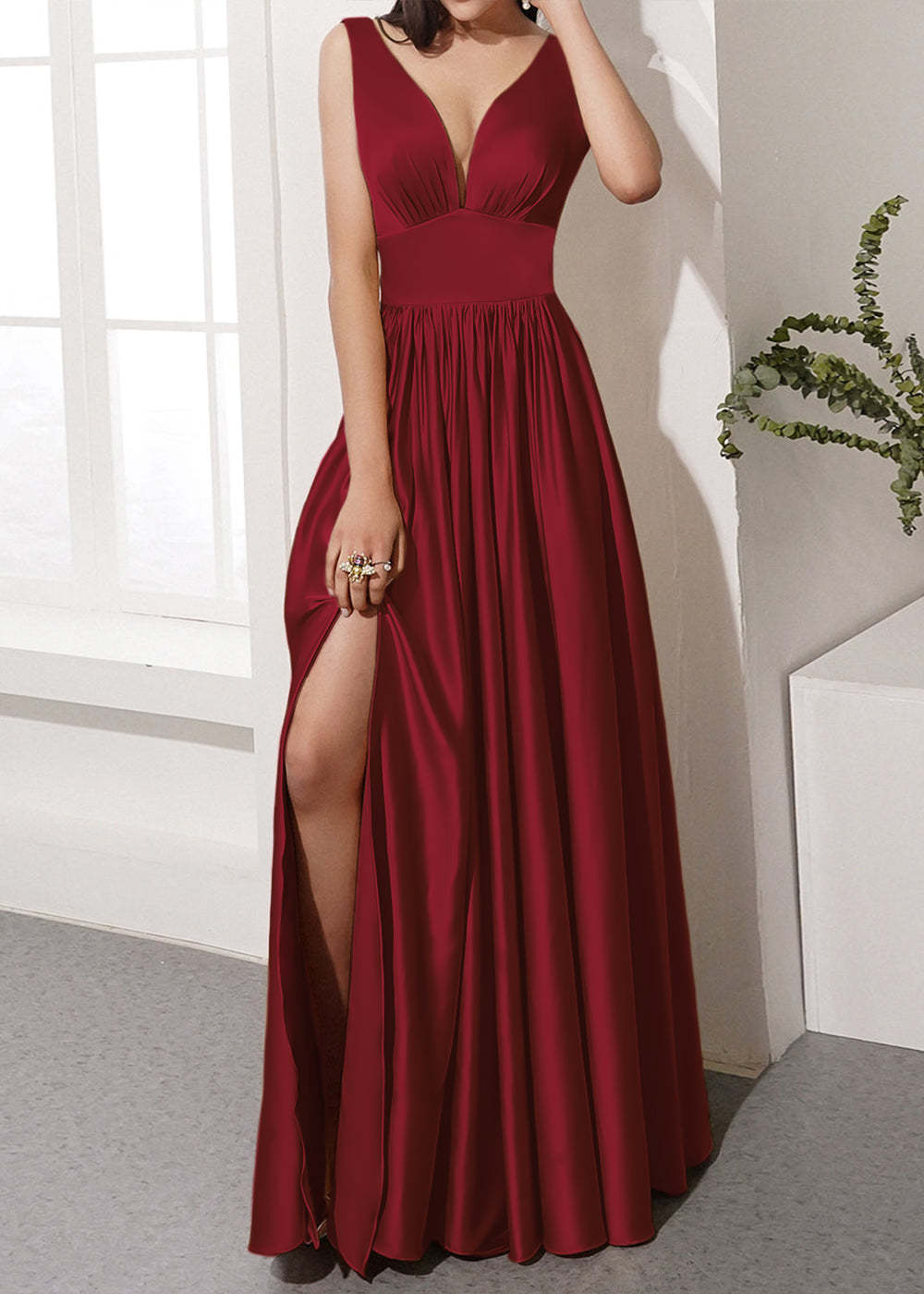 V-neck Long Bridesmaid Dress with Split