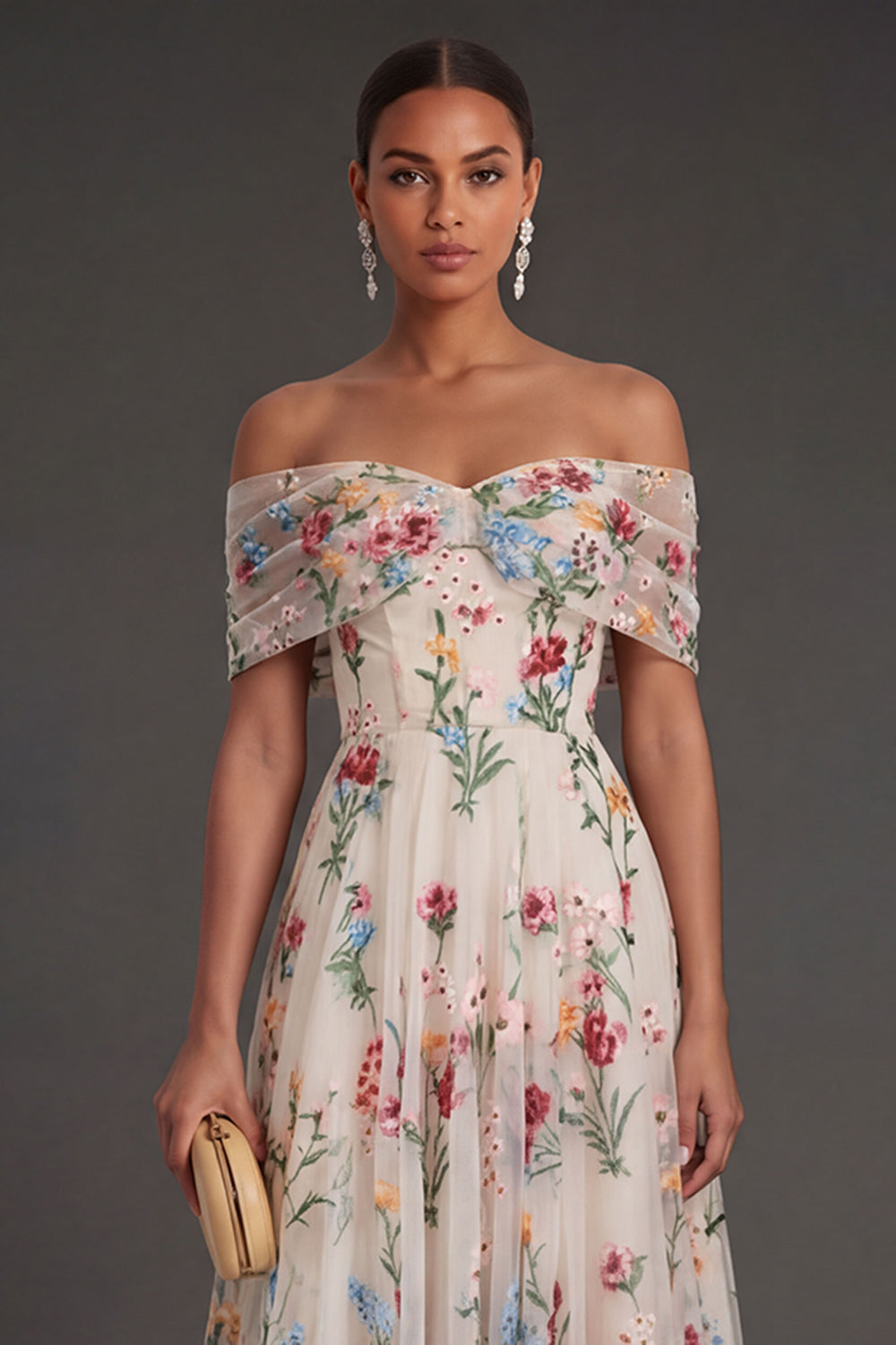 Black Floral A Line Embroidered Off the Shoulder Long Formal Dress