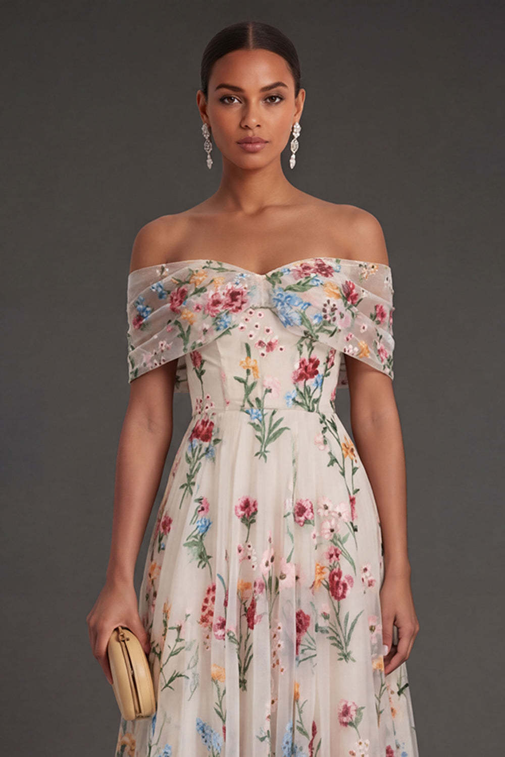 Black Floral A Line Embroidered Off the Shoulder Long Formal Dress