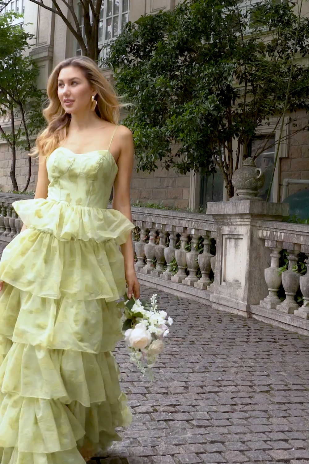 Leely Women Green Flower Long Prom Dress With Ruffles Tulle A Line