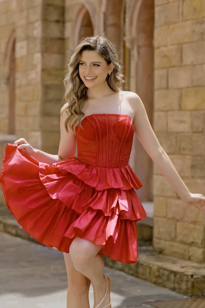 Sparkly Corset Green Ruffled Strapless Short Homecoming Dress with Bow