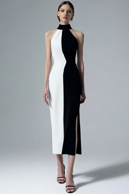 Black and White Sheath High Neck Maxi Formal Dress with Slit