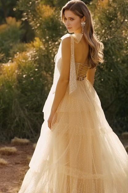 Sparkly Champagne Ruffled Beaded Tiered Maxi Corset Prom Dress with Bows