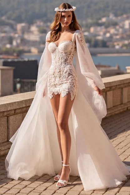 Ivory Long Sleeves Tulle Watteau Train Corset Wedding Dress with Lace