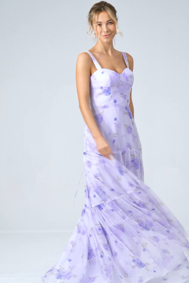Lilac Corset Floral A-Line Long Prom Dress