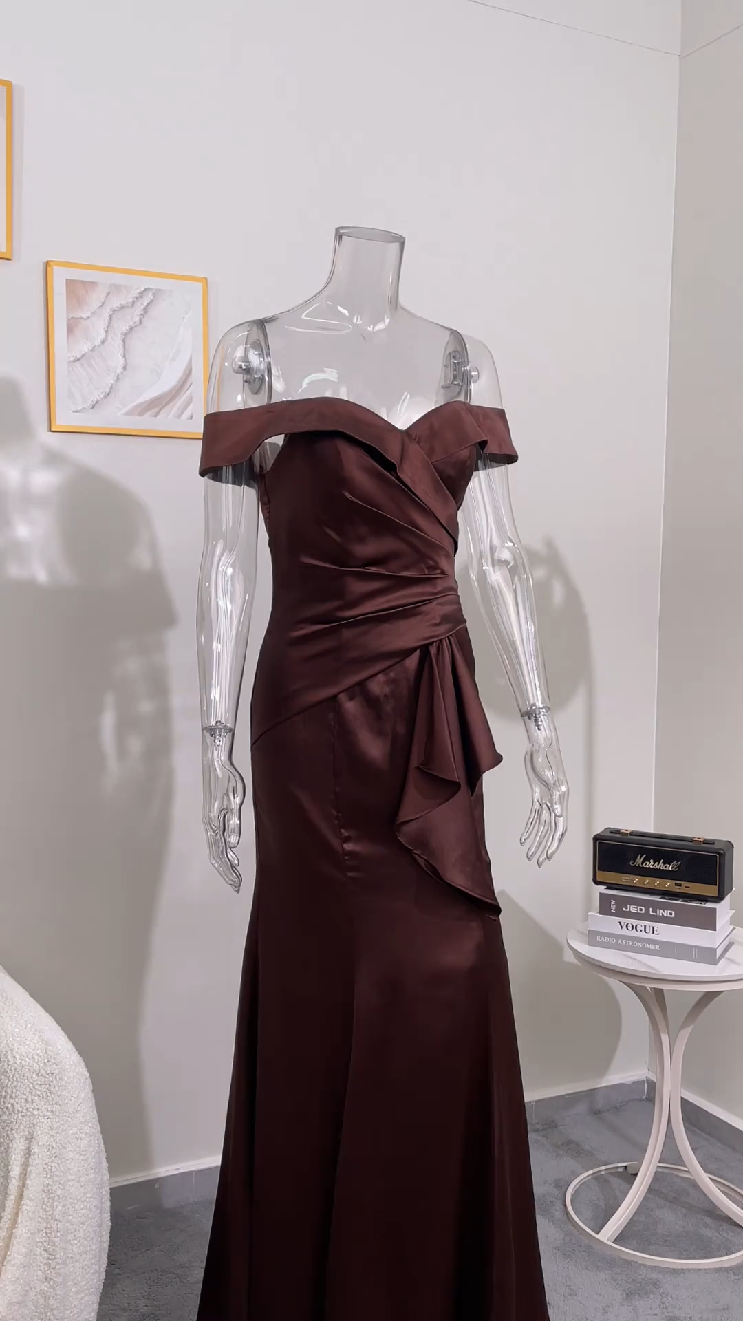 Brown Mermaid Satin Maxi Mother of the Bride Dress with Ruffles