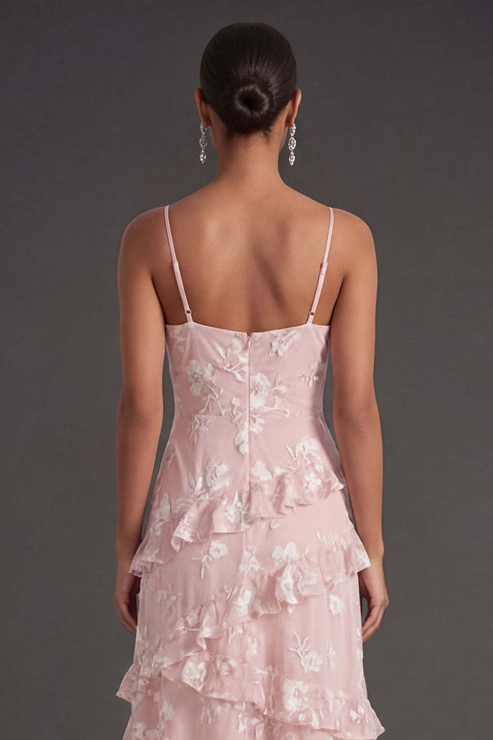 Floral White A Line Spaghetti Straps Ruffled Long Engagement Dress with Slit