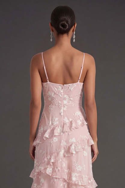 Floral White A Line Spaghetti Straps Ruffled Long Engagement Dress with Slit