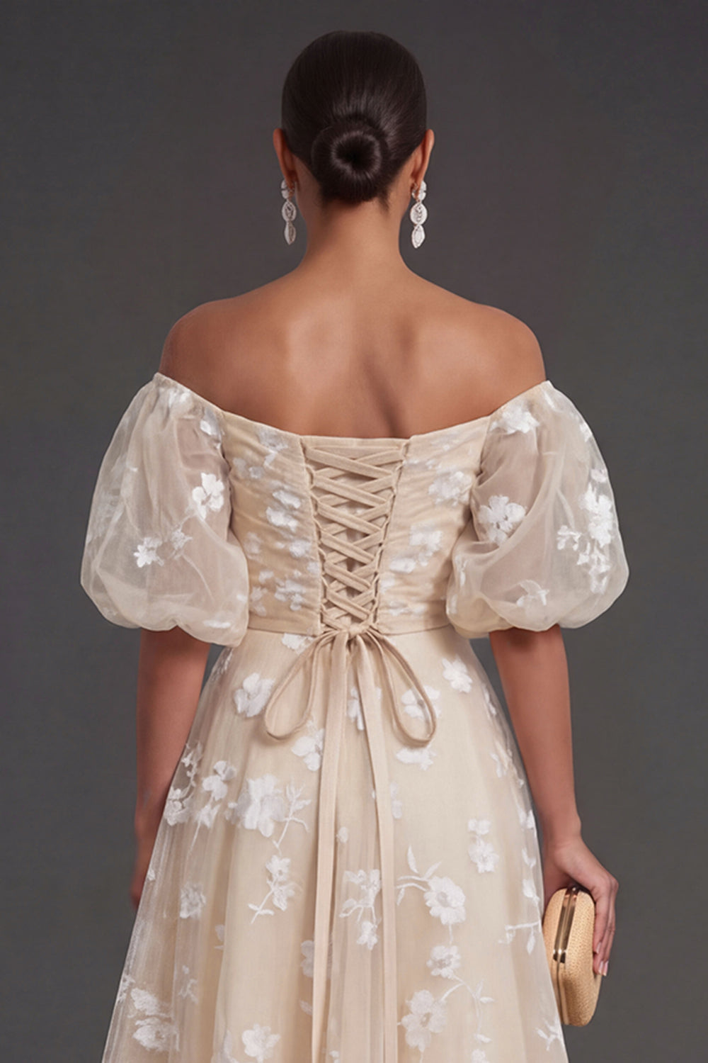 White Floral Appliqued Off the Shoulder Midi Beach Engagement Dress