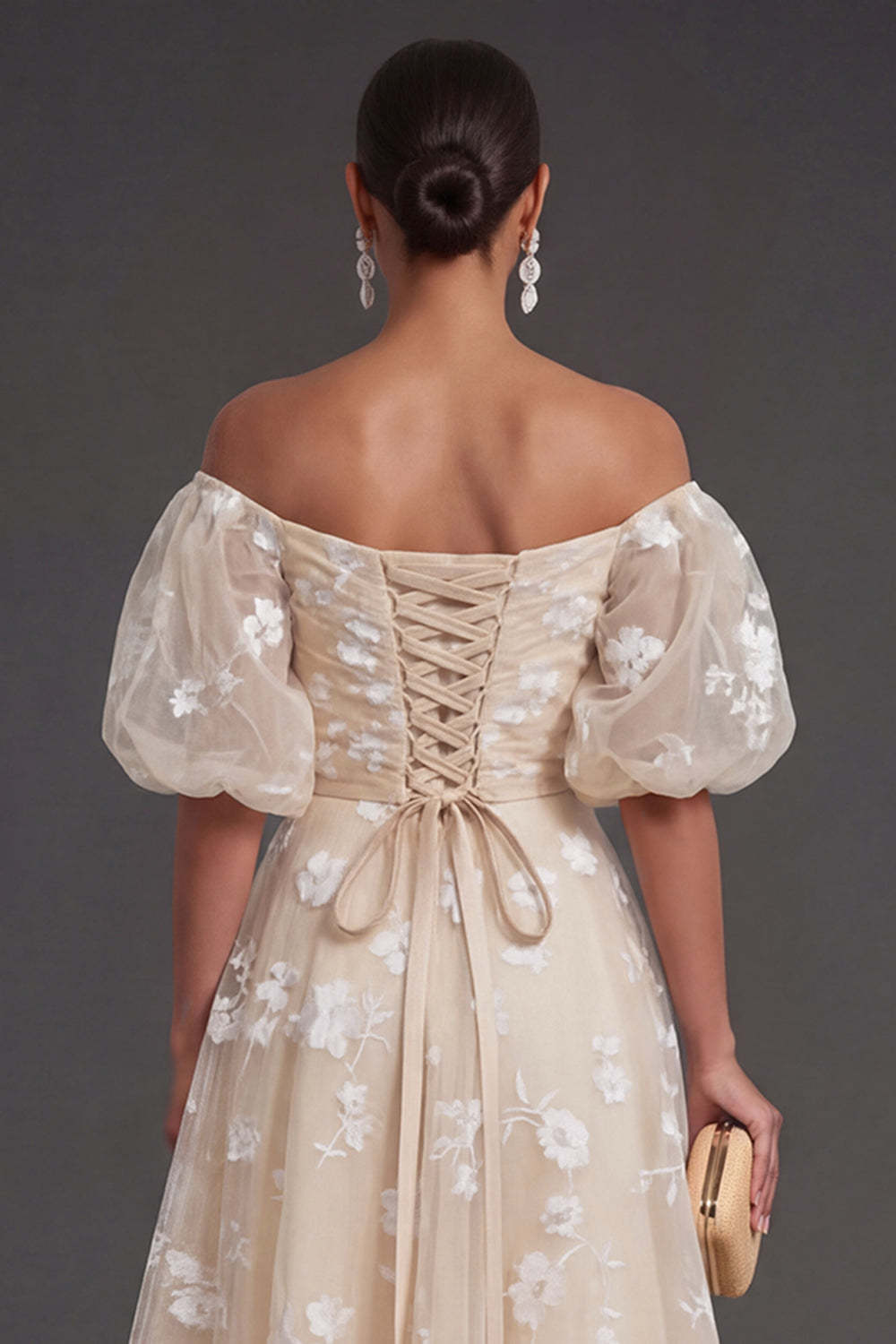 White Floral Appliqued Off the Shoulder Midi Beach Engagement Dress