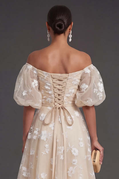 White Floral Appliqued Off the Shoulder Midi Beach Engagement Dress