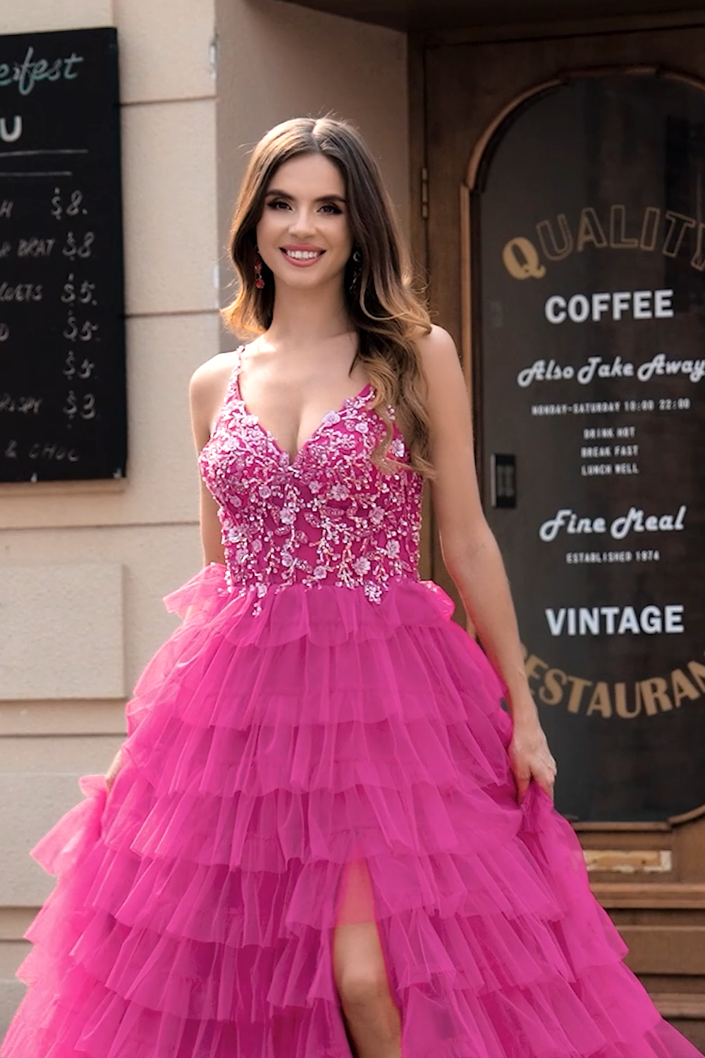 Fuchsia Princess A-Line Spaghetti Straps Sequin Tiered Long Prom Dress with Slit