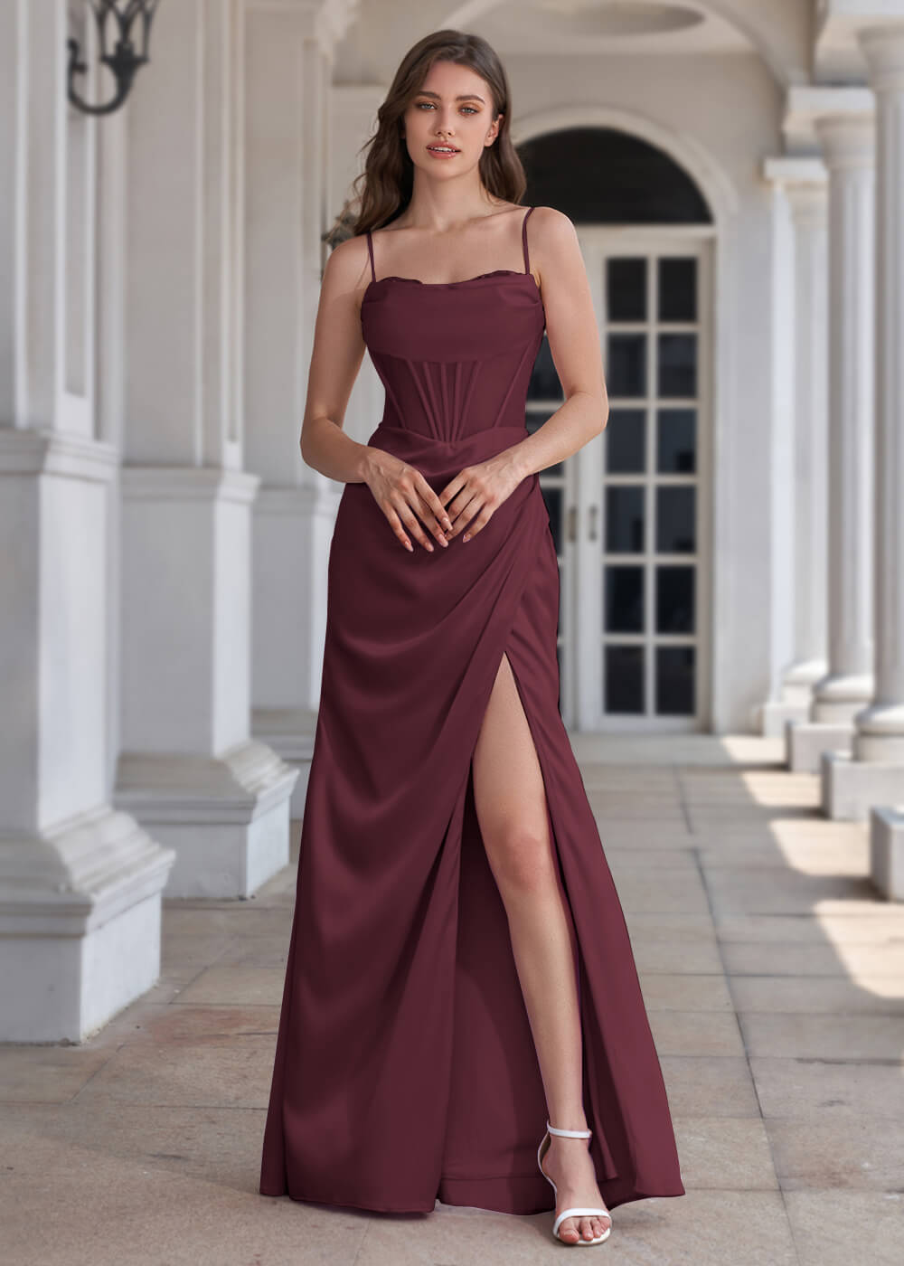 Spaghetti Strap Corset Crepe Sheath Floor Length Bridesmaid Dress