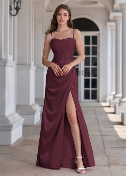 Spaghetti Strap Corset Crepe Sheath Floor Length Bridesmaid Dress
