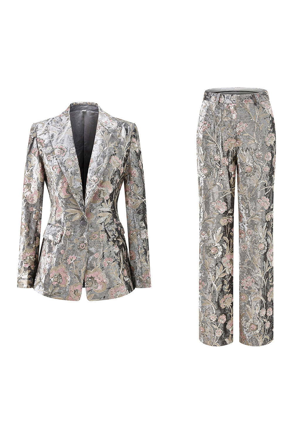 Leely Women Sparkly Grey Peak Lapel 2 Piece Women Floral Prom Suits with Sequins One Button Party Tuxedo