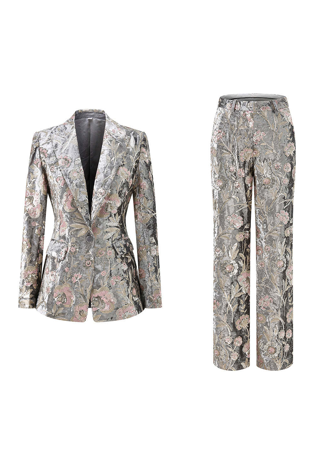 Leely Women Sparkly Grey Peak Lapel 2 Piece Women Floral Prom Suits with Sequins One Button Party Tuxedo