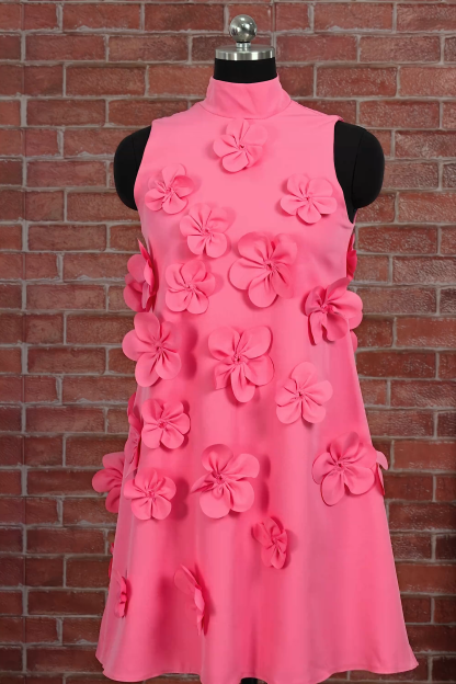 A Line Hot Pink Floral Appliqued Short Homecoming Dress