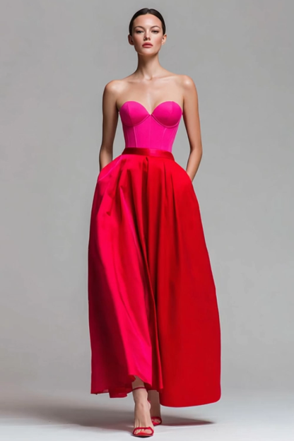 Red and Fuchsia Satin A Line Strapless Maxi Formal Dress