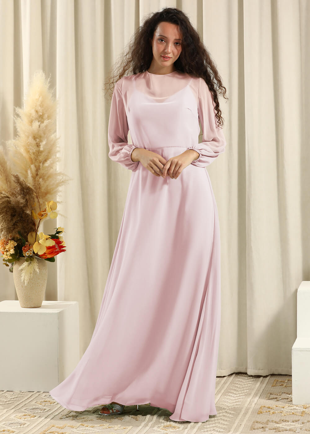 Long Sleeve A-line Chiffon Keyhole Back Bridesmaid Dress