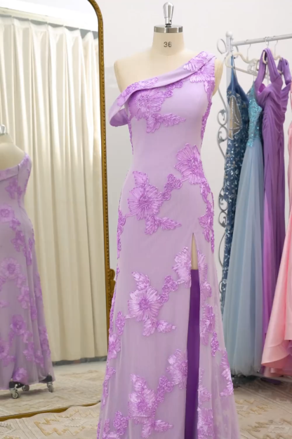 Yellow Mermaid Floral One Shoulder Long Formal Dress with Slit