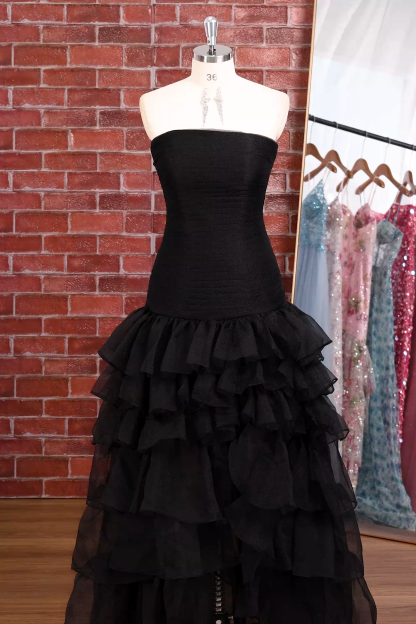 Strapless Black Tulle Tiered Ruffles Formal Dress with Slit