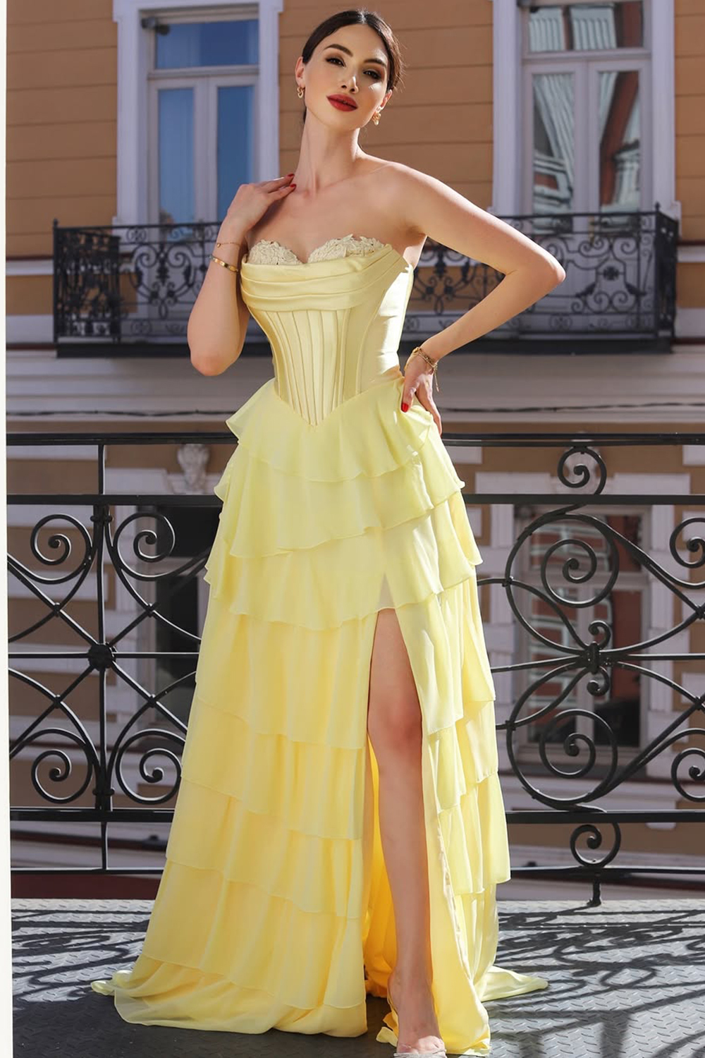 Yellow Sweetheart Corset Tiered A-Line Prom Dress with Slit