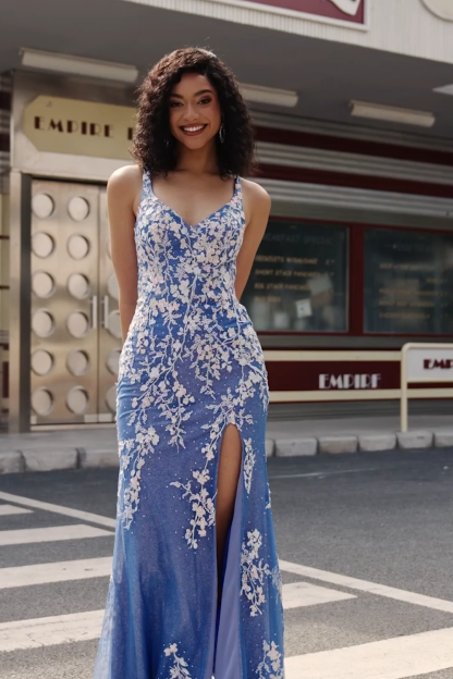 Light Blue Mermaid V Neck Long Appliqued Prom Dress With Slit