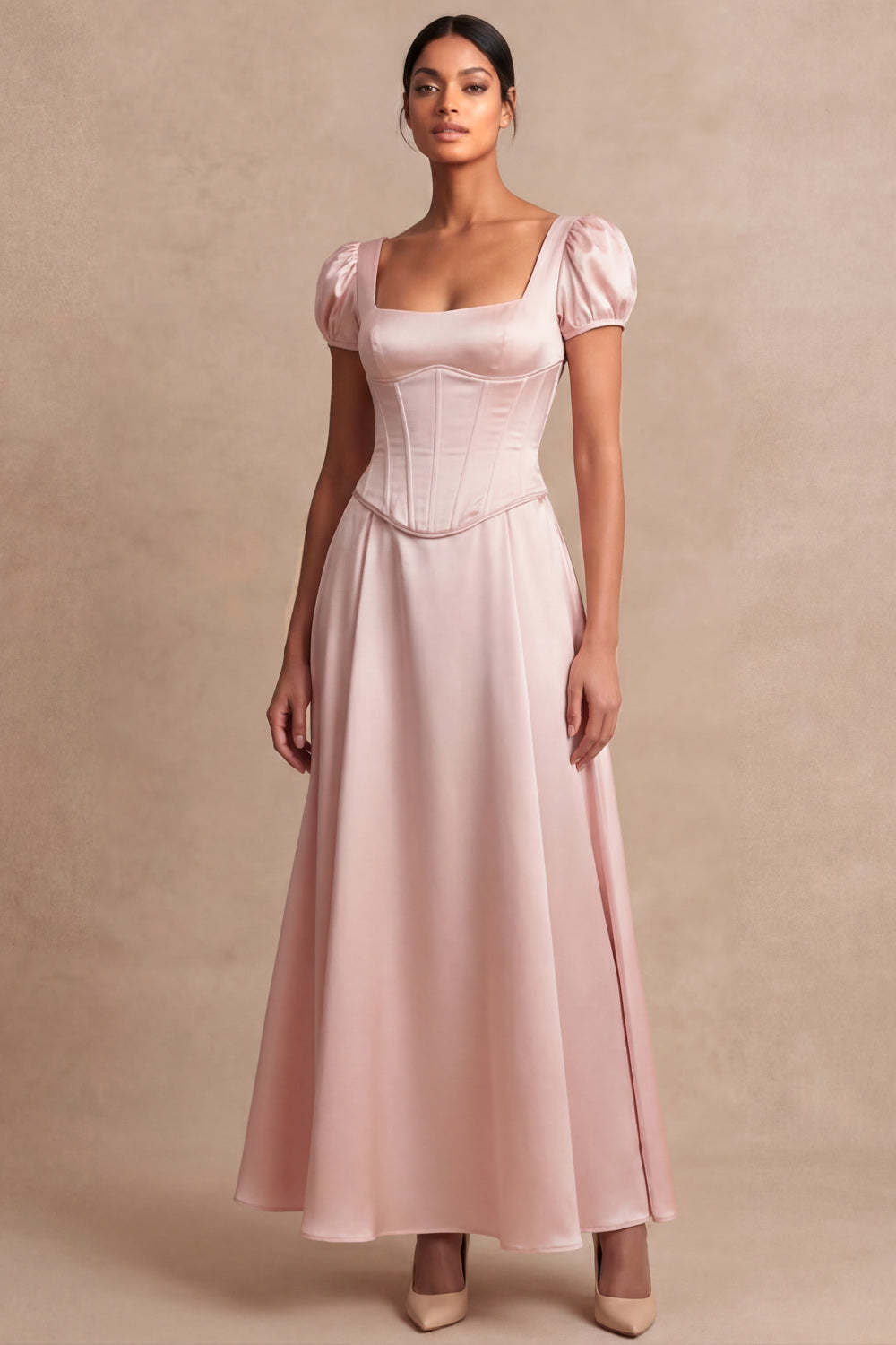 Satin Pink A Line Corset Puff Sleeves Long Wedding Guest Dress