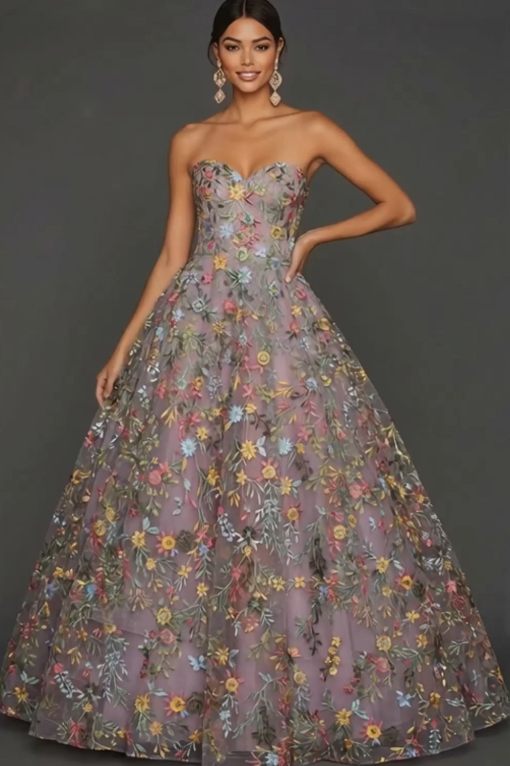 Floral Mauve Sweetheart Ball Gown Maxi Prom Dress