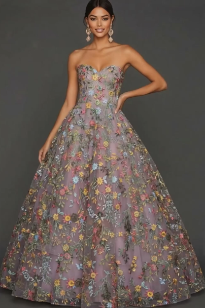 Floral Mauve Sweetheart Ball Gown Maxi Prom Dress