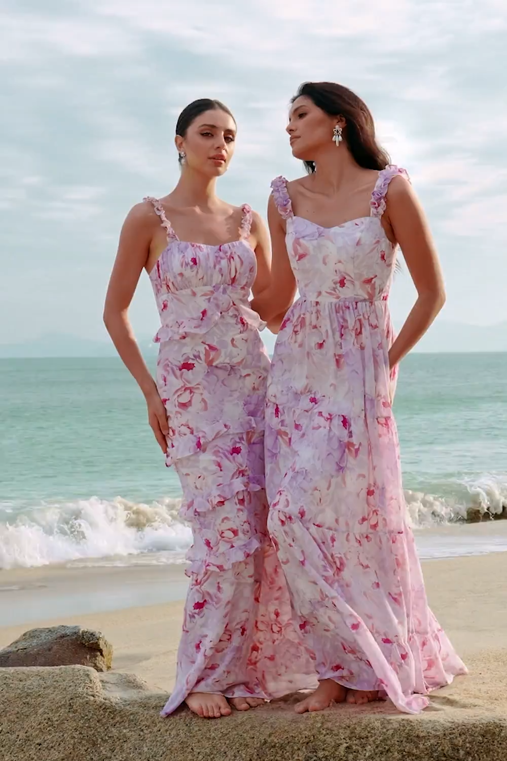 Grey Purple A-Line Chiffon Floral Printed Bridesmaid Dress