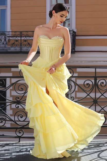 Princess Yellow Sweetheart Corset Tiered A-Line Maxi Prom Dress