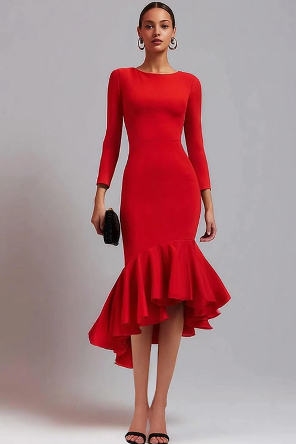 Midi Red Satin Mermaid Long Sleeves Work Dress with Ruffles