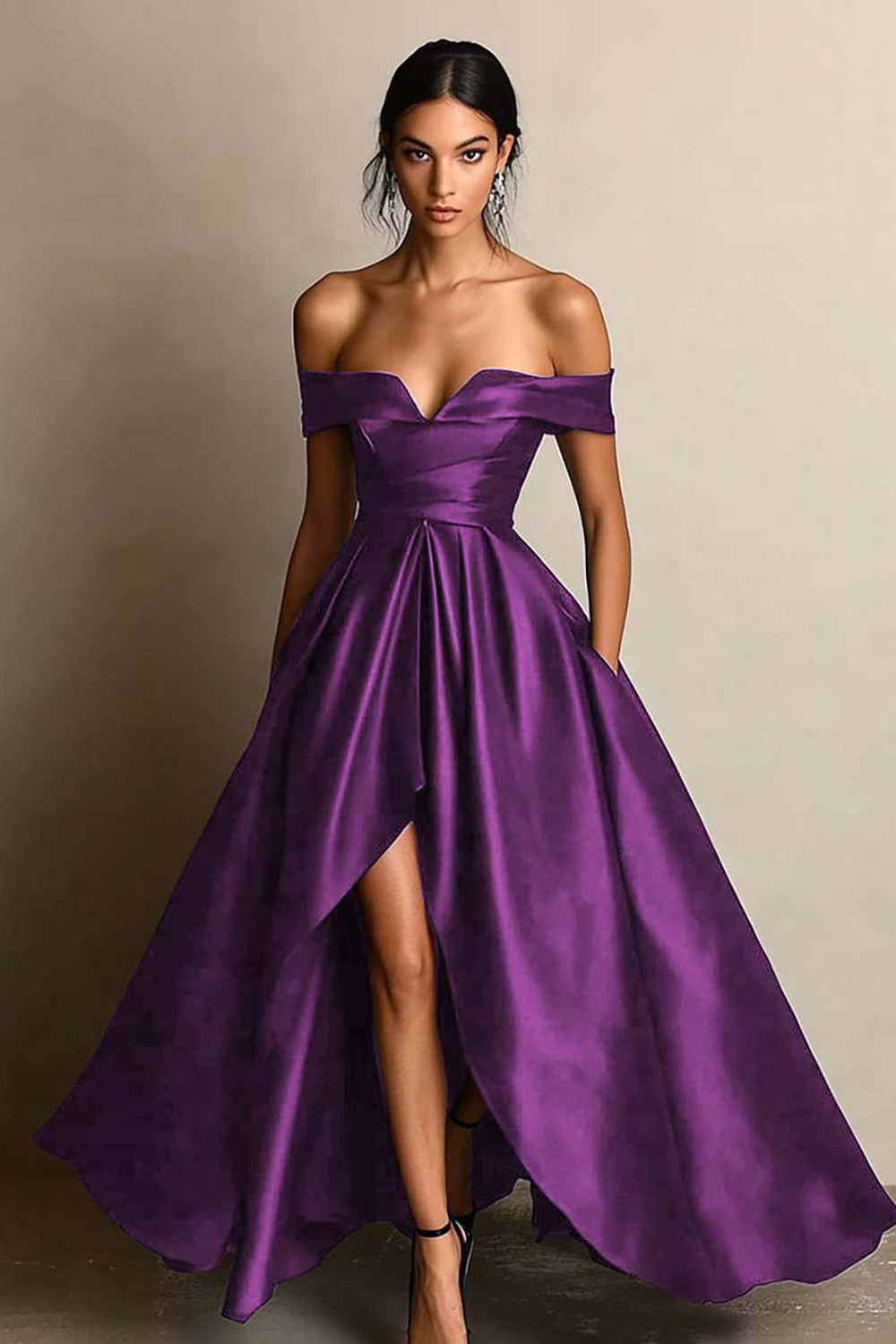 Leely Women Black A Line Satin Maxi Formal Dress with Slit Off the Shoulder Sleeveless Black Tie Dress