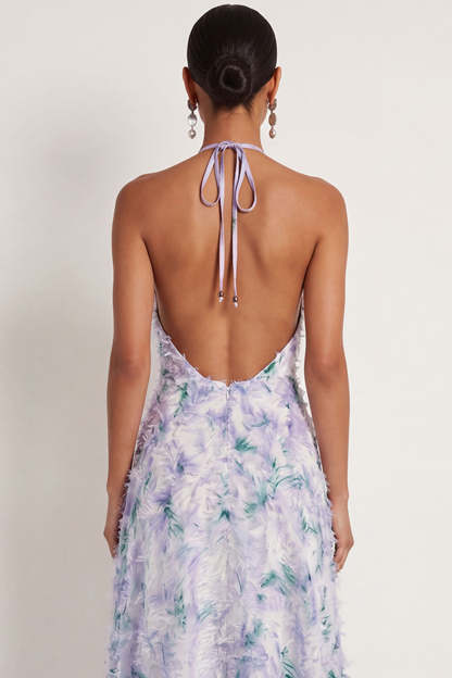 Light Purple Floral Halter Neck A Line Long Wedding Guest Dress with Cape