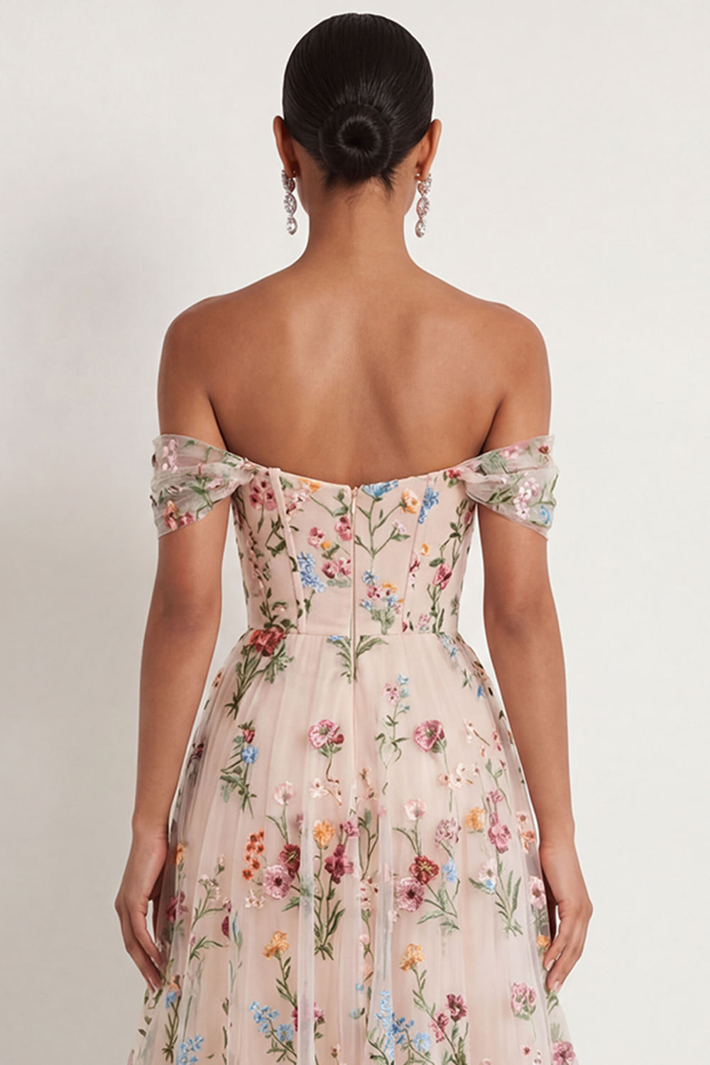 Black Floral A Line Embroidered Off the Shoulder Long Formal Dress