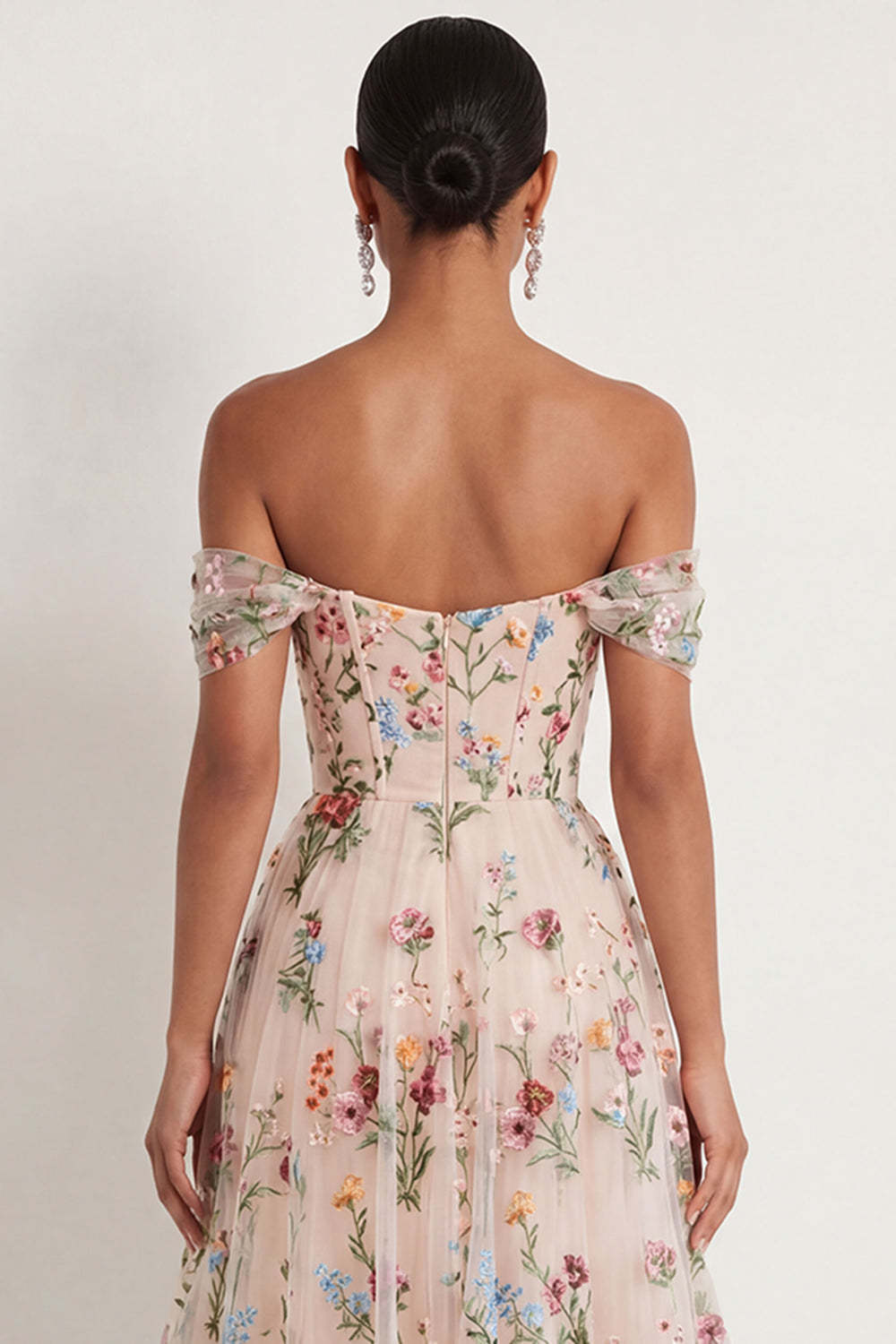 Black Floral A Line Embroidered Off the Shoulder Long Formal Dress