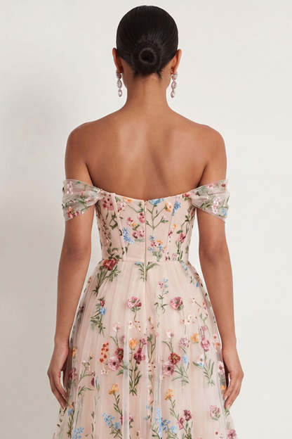 Black Floral A Line Embroidered Off the Shoulder Long Formal Dress