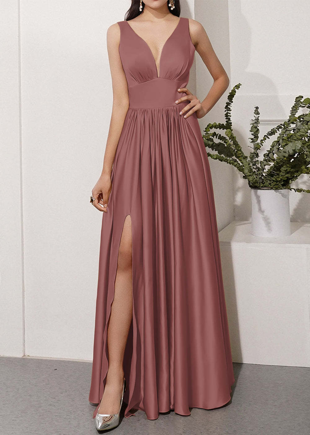 V-neck Long Bridesmaid Dress with Split