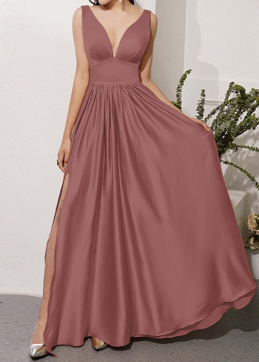 V-neck Long Bridesmaid Dress with Split