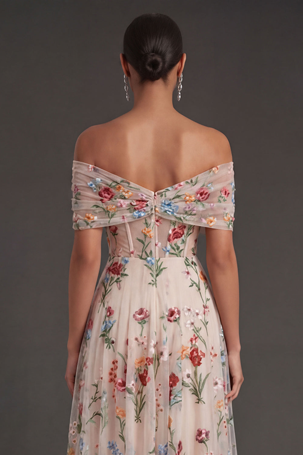 Black Floral A Line Embroidered Off the Shoulder Long Formal Dress