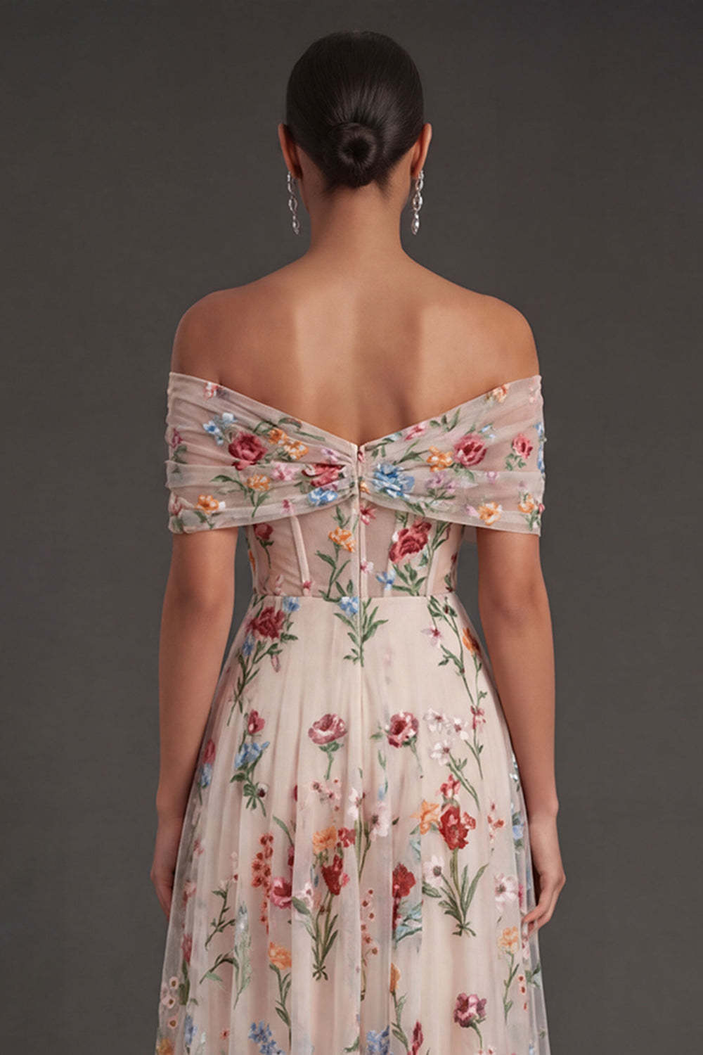 Black Floral A Line Embroidered Off the Shoulder Long Formal Dress