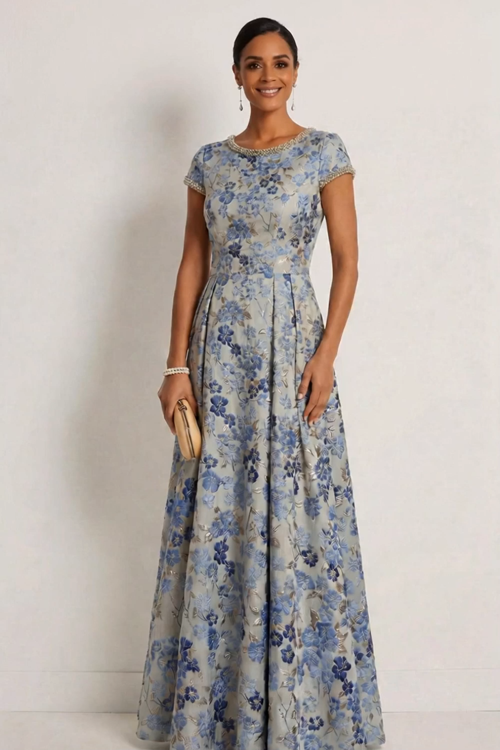 Grey Blue Floral A Line Long Formal Dress with Beading