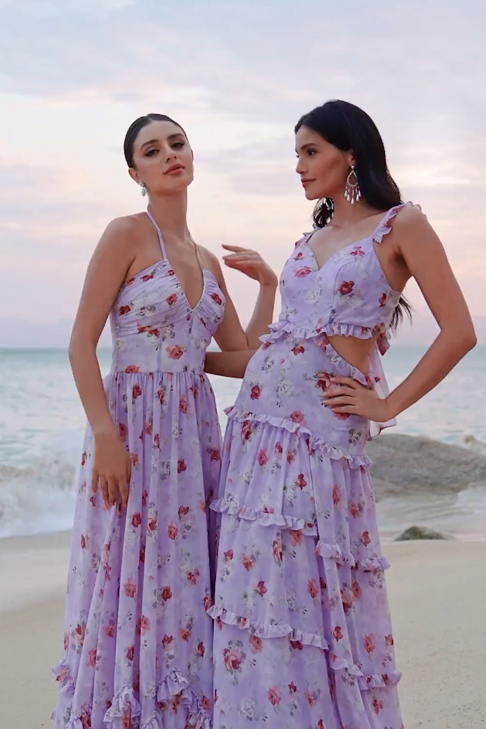 Grey Purple Halter Floral Ruffled A-Line Bridesmaid Dress with Slit