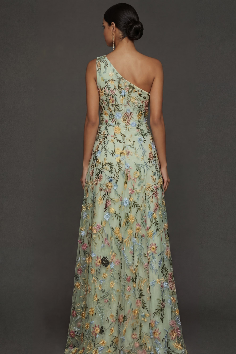 Floral Mauve One Shoulder A Line Long Prom Dress with Slit